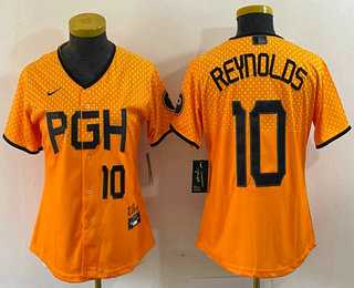 Women%27s Pittsburgh Pirates #10 Bryan Reynolds Number Yellowd 2023 City Connect Stitched Jersey1